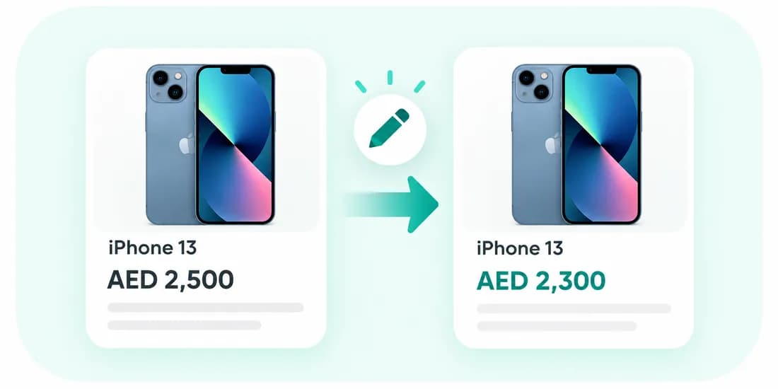 An iPhone 13 ad whose price is edited from AED 2,500 to AED 2,300