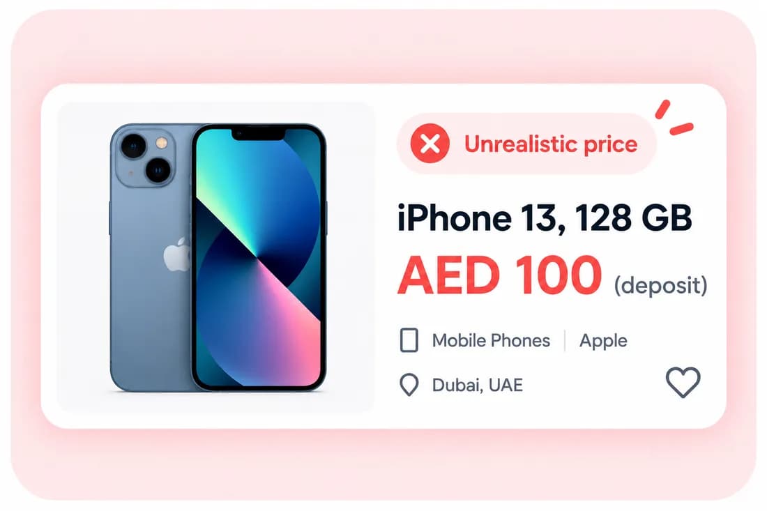 An iPhone ad showing AED 100 as a deposit instead of the real price