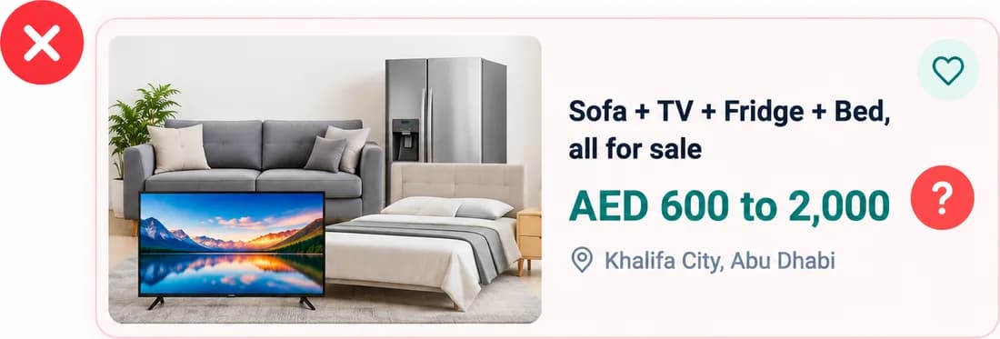 One ad that bundles a sofa, a TV, a fridge and a bed with a price range