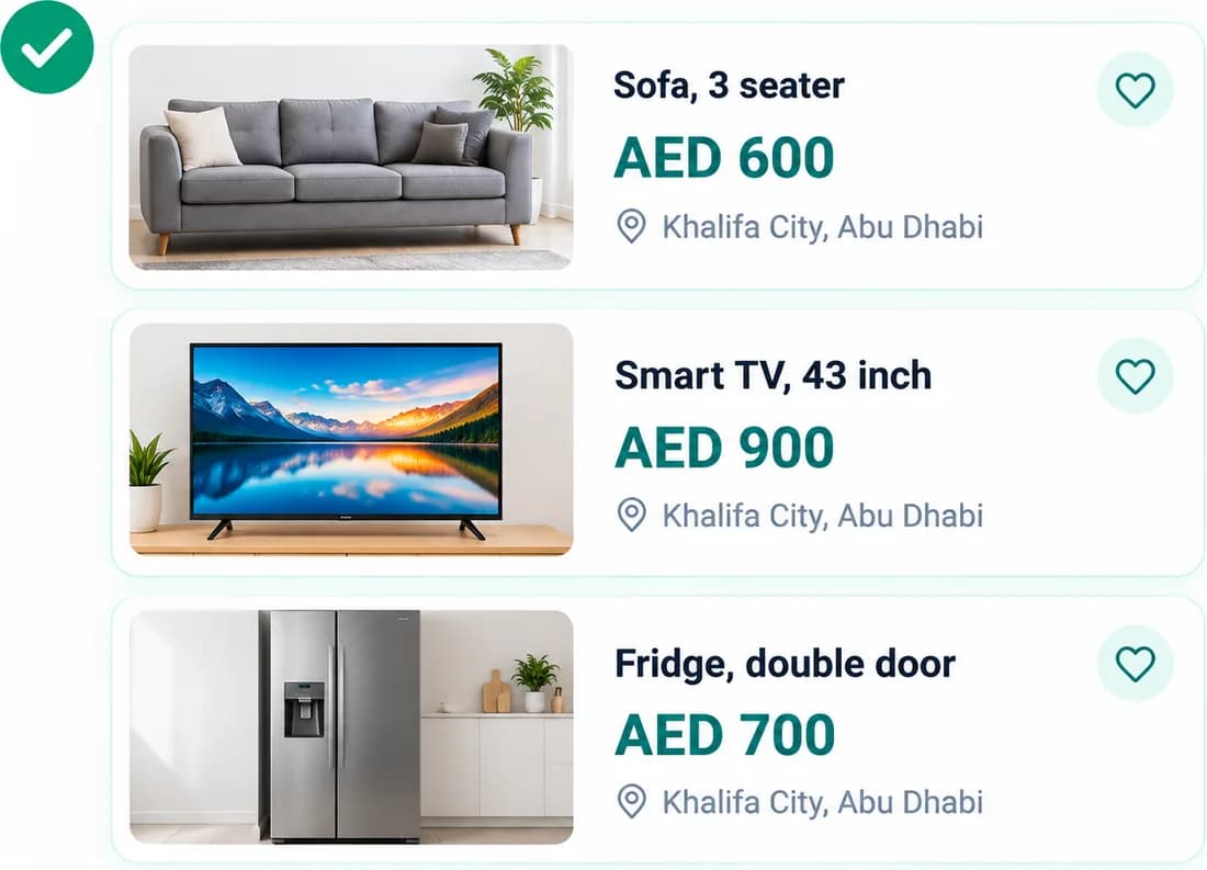 Three separate ads: a sofa, a TV and a fridge, each with its own price