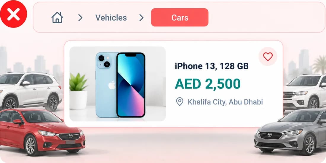 An iPhone ad wrongly placed under Vehicles, Cars