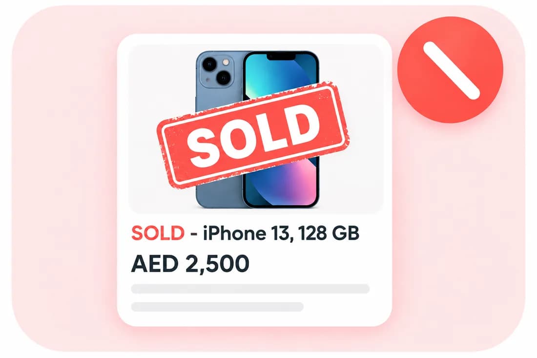 An iPhone ad with the word SOLD in its title and stamped on the photo