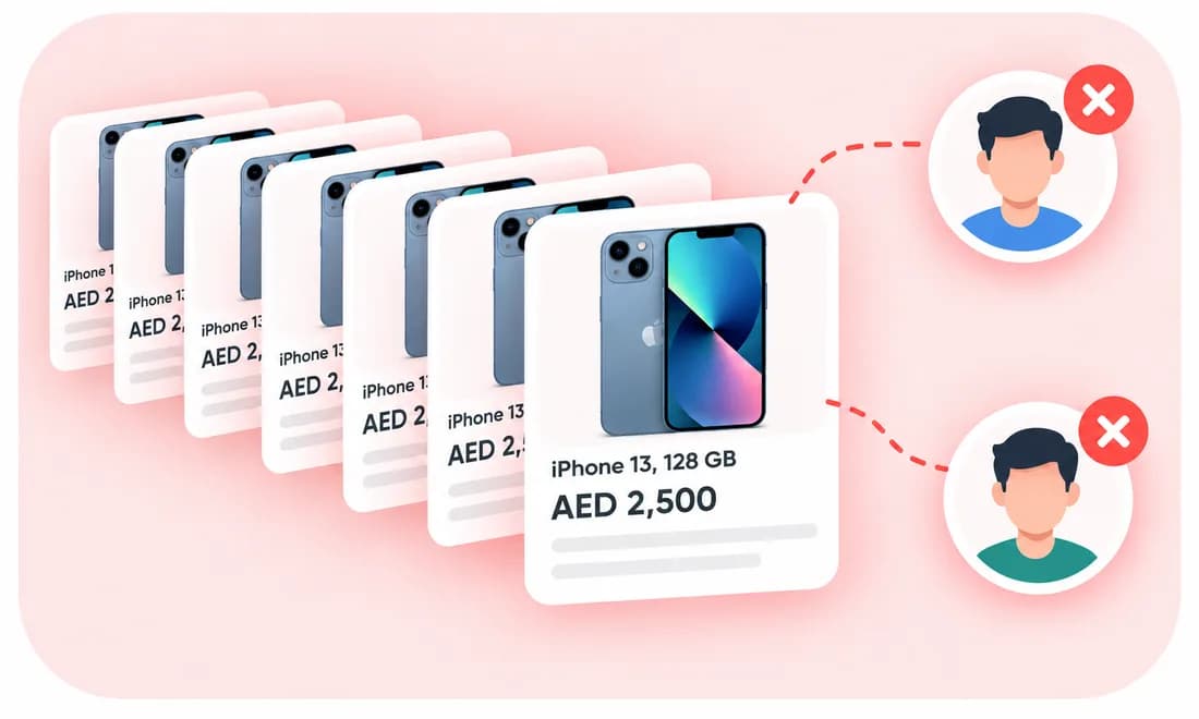 The same iPhone ad repeated many times and linked to two accounts