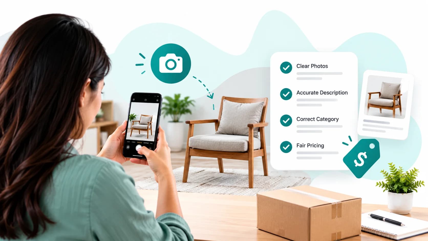 A person photographing a chair with a phone, beside a checklist of clear photos, an accurate description, the right category and a fair price