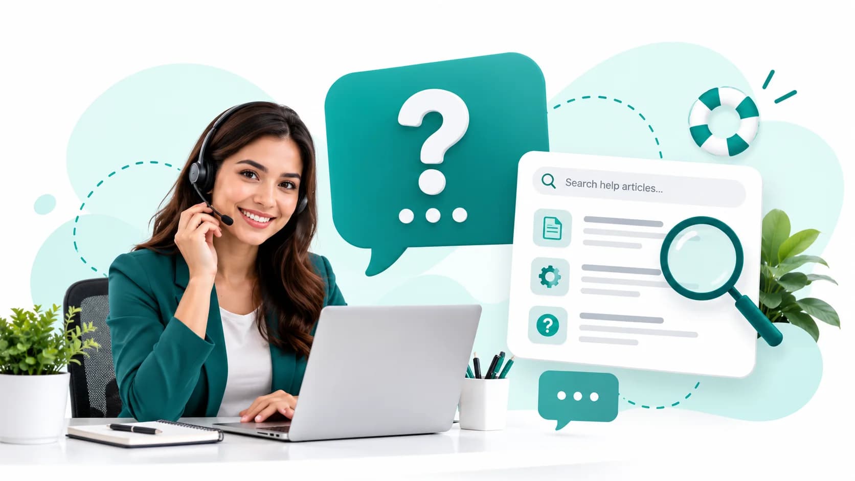 A friendly support agent with a headset beside a help article search and a question mark