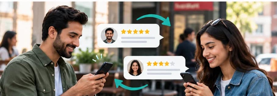 A buyer and a seller each looking at a phone, with star ratings passing between them