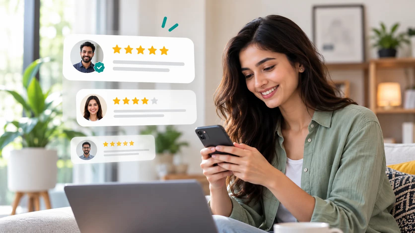 A smiling person reading reviews with star ratings on a phone