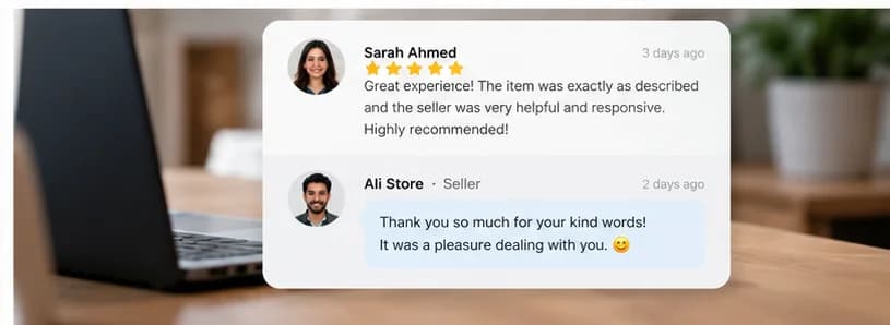 A five-star review with a seller's thank-you reply written underneath it