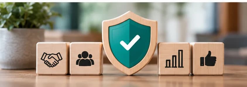 A wooden shield with a check mark between blocks showing a handshake, a group of people, a chart and a thumbs up