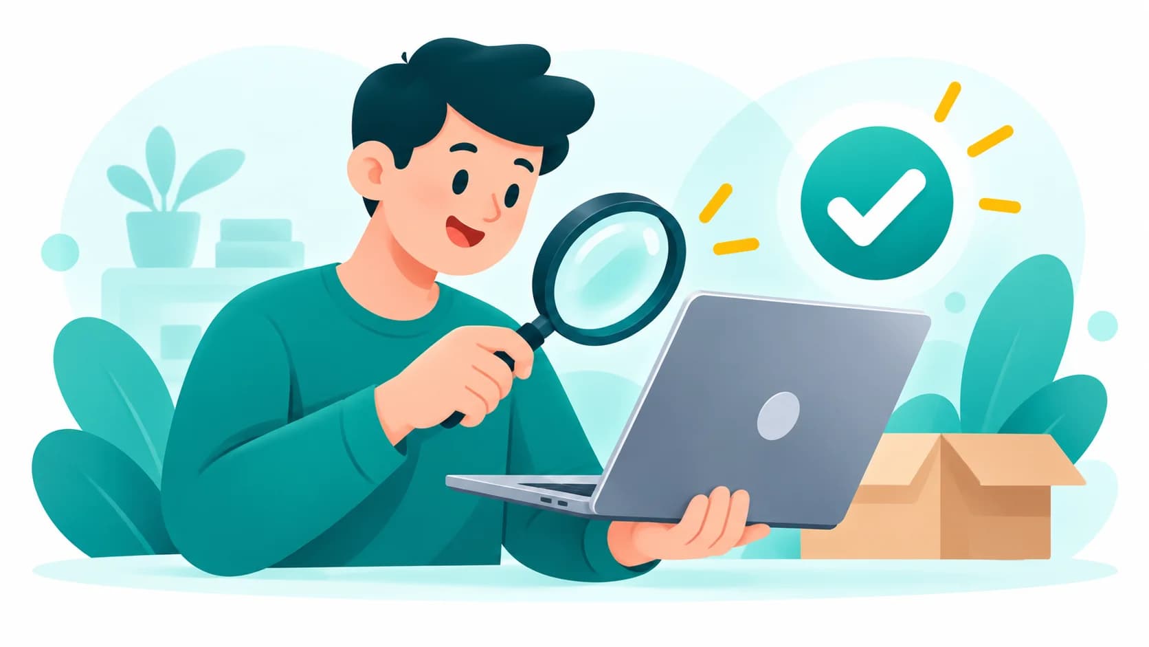A buyer checking a laptop closely with a magnifying glass