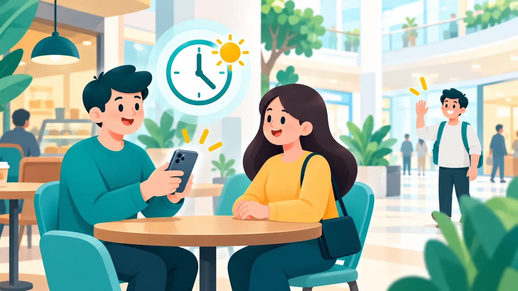 Two people meeting in a bright public cafe during the day