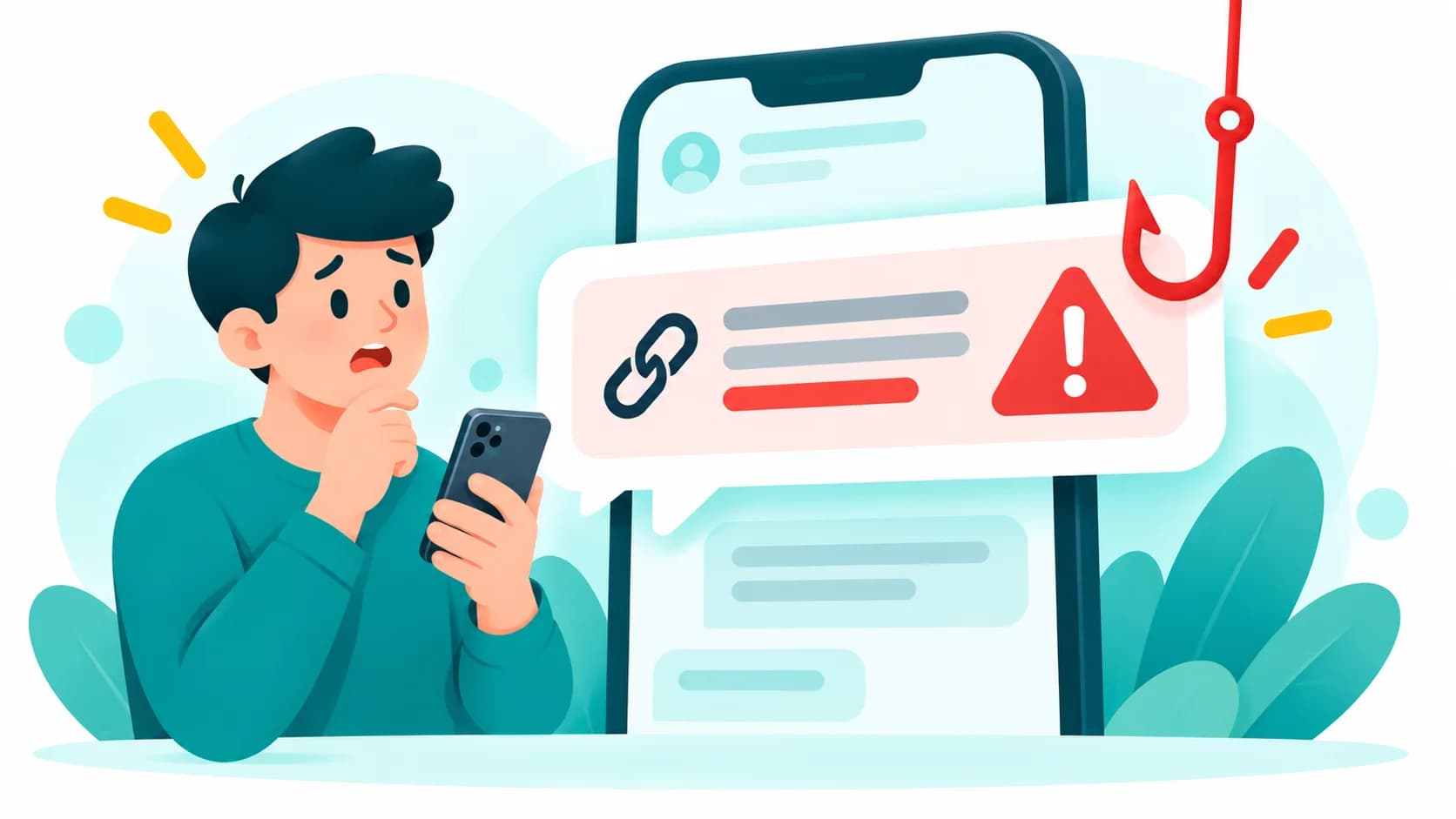 A worried person reading a suspicious message with a link and a warning sign