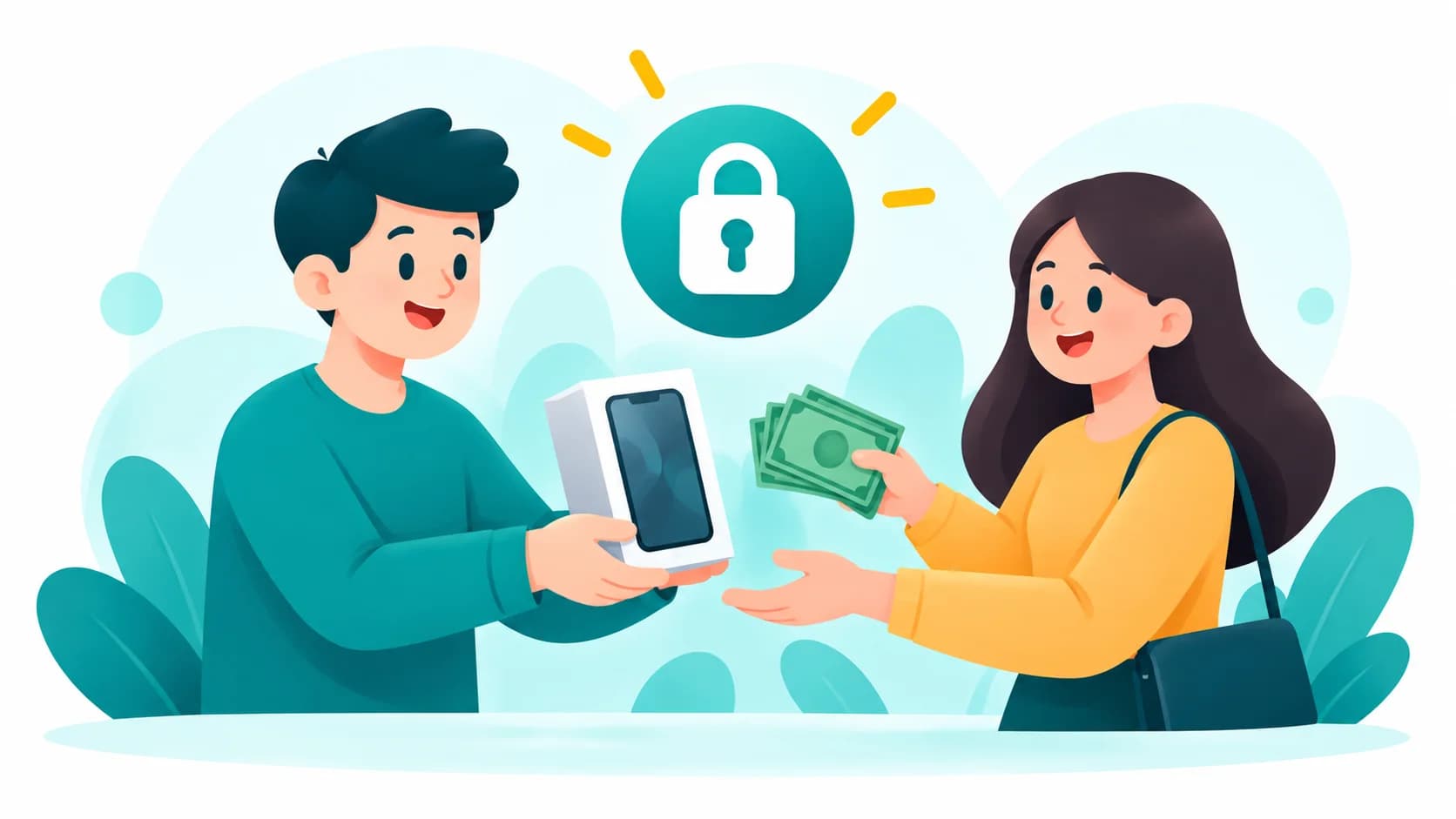 A seller handing over a boxed phone while a buyer hands over cash