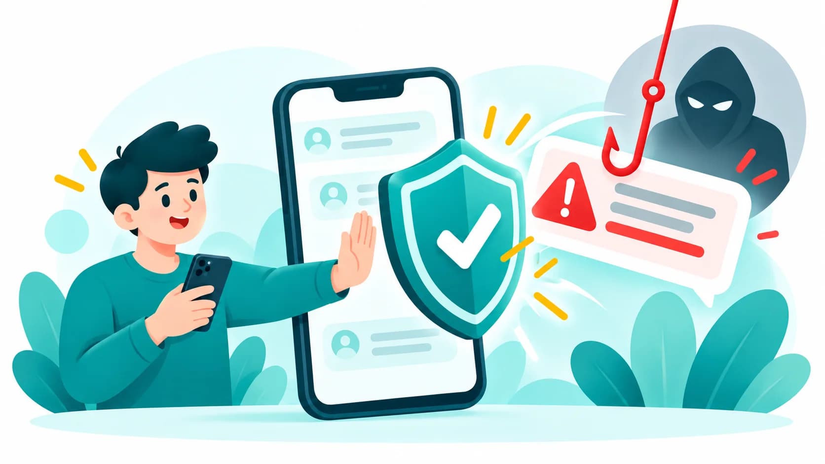 A person holding up a hand to a shield that blocks a phishing message