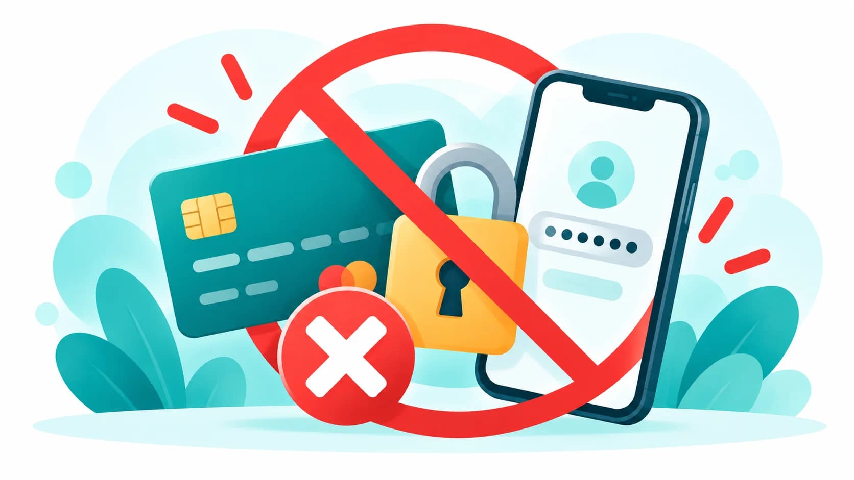 A bank card, a padlock and a code field, all crossed out